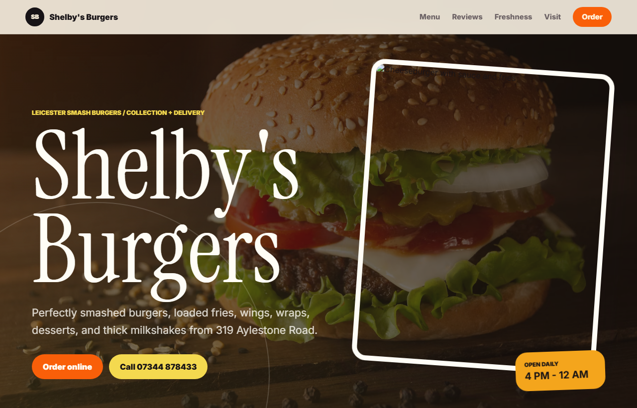 Shelby's Burgers Leicester homepage preview